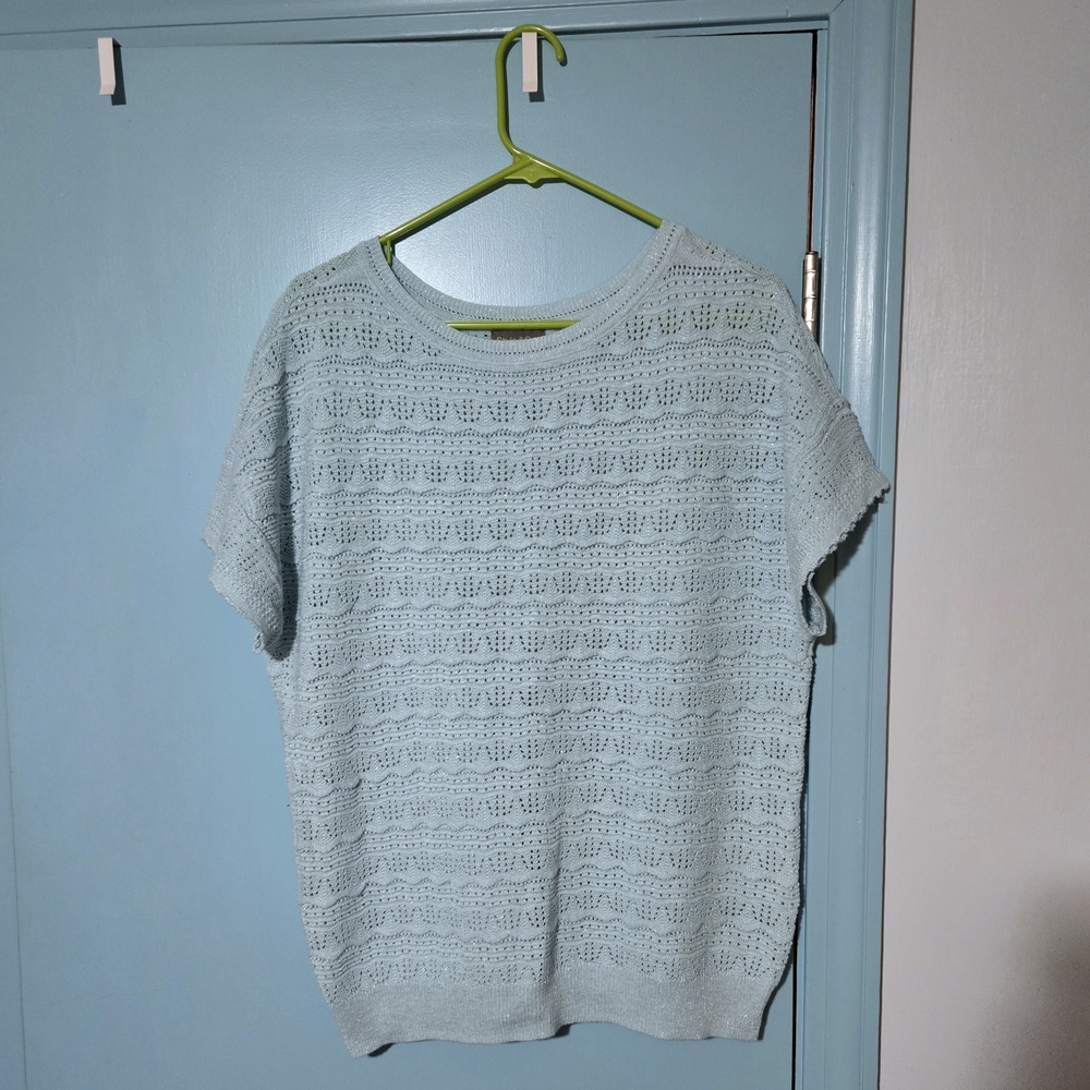 Light Blue Open-Knit Short Sleeve Sweater